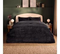 Silentnight Ribbed Faux Fur Duvet Set - Luxury Long Pile Soft Faux Fur Plush Comfort - Cosy Plushness & Warmth Duvet Cover and Pillowcase Bed Set - Button Fastening, Machine Washable, Black, Double