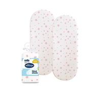 Silentnight Safe Nights Fitted Sheet - Pram Moses Basket Mattress - Breathable 100% Cotton Jersey - Super Soft Kind to Baby Skin - 74x27cm - Secure Fit with Elasticated Corners - 2 Pack, Pink Stars