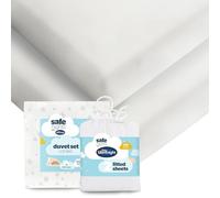 Silentnight Safe Nights Cot Bed Duvet Set & Fitted Sheet - Breathable 100% Cotton Jersey - Super Soft Kind to Skin - Bed Set Cover with Pillowcase for Toodler Child Junior Quilt - Grey Star, White