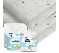 Silentnight Safe Nights Cot Bed Waterproof Mattress Protector & Fitted Sheet - Kids Baby Nursery Bed Pad Protection Against Spillages - 100% Cotton Super Soft - Machine Washable, 2 Pack, Celestial