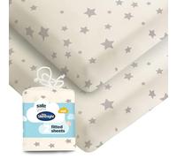 Silentnight Safe Nights Fitted Sheet - Cot Mattress - Breathable 100% Cotton Jersey - Super Soft Kind to Baby Skin - 120x60cm - Secure Fit with Elasticated Corners - 2 Pack, Grey Stars
