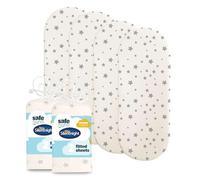 Silentnight Safe Nights Fitted Sheet - Moses Basket Mattress - Breathable 100% Cotton Jersey - Super Soft Kind to Baby Skin - 74x27cm - Secure Fit with Elasticated Corners - 4 Pack, Grey Star