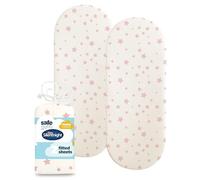 Silentnight Safe Nights Fitted Sheet - Moses Basket Mattress - Breathable 100% Cotton Jersey - Super Soft Kind to Baby Skin - 74x27cm - Secure Fit with Elasticated Corners - 2 Pack, Pink Stars