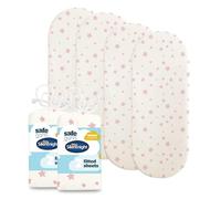 Silentnight Safe Nights Fitted Sheet - Moses Basket Mattress - Breathable 100% Cotton Jersey - Super Soft Kind to Baby Skin - 74x27cm - Secure Fit with Elasticated Corners - 4 Pack, Pink Star