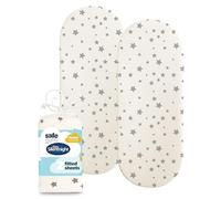 Silentnight Safe Nights Fitted Sheet - Pram Moses Basket Mattress - Breathable 100% Cotton Jersey - Super Soft Kind to Baby Skin - 74x27cm - Secure Fit with Elasticated Corners - 2 Pack, Grey Stars