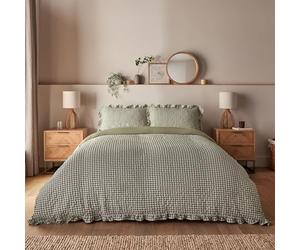 Silentnight Supersoft Gingham Ruffle Duvet Set - Comfy Delicate Touch - Seersucker Non-Iron Microfibre with Button Fastening - Stylish & Modern Duvet Quilt Cover + Pillowcase Bed Set, Double, Sage