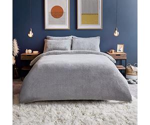 Silentnight Teddy Fleece Duvet Set - Teddy Bear Bedding Fluffy Fleece Duvet Cover and Pillowcase Set Warm Cosy and Super Soft - Double - 200x200cm - Silver Grey