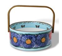 silesia Handmade Fruit Basket with Wooden Handle, 20 oz Hand-Painted Berry Bowl, Portable Handcrafted Serving Dish for Candy, Nuts & Snacks, Rustic Farmhouse Decor (Glazed Blue)