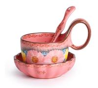 silesia Handmade Loop Handle Soup Bowl, Plate and Spoon Set - Ceramic Hand Painted Cereal Bowl Great for Soup, Ice cream, Snack, Stew in Gift Box, Dishwasher Safe, Glazed Pink