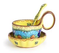 Silesia Handmade Loop Handle Soup Bowl, Plate and Spoon Set Ceramic Hand Painted Cereal Bowl Great for Soup, Ice Cream, Snack, Stew in Gift Box, Dishwasher & Microwave Safe, Glazed Yellow