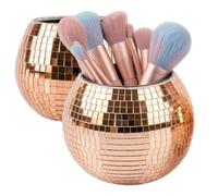 SILFGRLF 2 PCS Disco Ball Pencil Holder for Desk - Cute Office Decor & Makeup Brush Organizer, 4 Inch Sparkly Glass Pen Cup, Fun Desk Accessories for Women (ROSE GOLD)