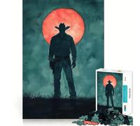 Silhouette Cowboy Under Red Moon Jigsaw 1000 Pieces for Teenagers Logic Boost Toy Calming Play Premium Edge Art Collectible 50x75cm