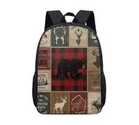 Silhouette Deer Tartan Print Backpack 17 Inch Winter Woodland Forest School Bag with Red Snowflake for Kids Teens (07)