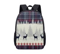 Silhouette Deer Tartan Print Backpack 17 Inch Winter Woodland Forest School Bag with Red Snowflake for Kids Teens (01)
