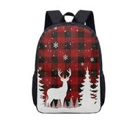 Silhouette Deer Tartan Print Backpack 17 Inch Winter Woodland Forest School Bag with Red Snowflake for Kids Teens (09)