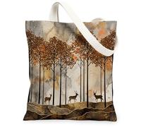 Silhouette Fall Deer Canvas Tote Bag for Shopping 13x15, Modern Autumn Nature Woodland Reusable Grocery Print Bag for Women, Wildlife Beach Aesthetic Painting Gift Decor