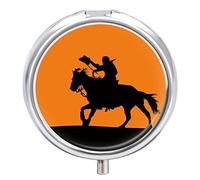 Silhouette of a Cowboy Riding a Horse at Sunset Iron Pill Box Case Organizer with Internal Separate Plastic Dividers, Travel Small Medicine Bag Holder Carrier Round Container
