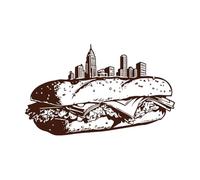 Silhouette of a Towering City Skyline Perfectly Balanced on top of a Delicious Looking Sandwich Lettering Decals 50.4x82.7cm Store Decoration Coffee