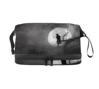 Silhouette of Crow at Midnight Double Layer Cosmetic Bag for Women and Girls, Travel Toiletry Bag Makeup Handy Pouch Organiser Bag with Brush Compartment