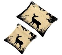 Silhouette of Deer Standing on Meadow in Forrest Pocket Cosmetic Bag, Waterproof Squeeze Makeup Bag No Zipper Self-Closing, Portable Mini Travel Storage for Headphones Jewelry