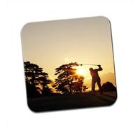 Silhouette of Golfer Swinging Club on Golf Course at Sunset Single Coaster