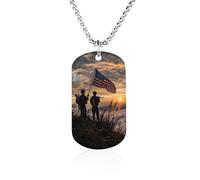 Silhouette of Soldiers with American Flag Memorial Necklace Titanium Steel Rectangle Tag Chain Pendant Jewelry Gift