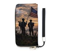 Silhouette of Soldiers with American Flag Slim Wallet for Women Long Purse Cute Clutch Wristlet Handbag Card Holders