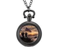 Silhouette of Soldiers with U.S Flag Vintage Pocket Watch Alloy Pendant Watches Necklace Gift for Men Women Black-Style