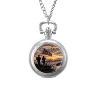 Silhouette of Soldiers with U.S Flag Vintage Pocket Watch Alloy Pendant Watches Necklace Gift for Men Women Silver-Style