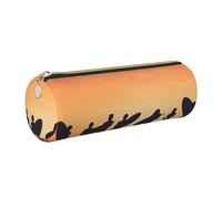 Silhouette of Surfer People Printed Cylindrical Leather Pencil Case for Girls Boys, Gold Zipper Pencil Bag Pen Pouch Organizer for Student School Office College