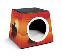Silhouette of The Tanker Ship on Red Sunrise Cat Bed Cave for Small Dog Cat House 3-in-1 Foldable Cats Beds with Removable Washable Cushioned Pillow Covered Cave Pet Tents with Non-Slip Bottom