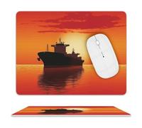 Silhouette of The Tanker Ship on Red Sunrise Mouse Pad,Premium-Textured Mouse Mat Design,Computer Mouse Mat,Stitched Edges, Water-Resistant, for Gamer, Office & Home,Square Mouse Pad,Spill-Resistant S