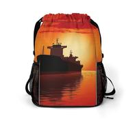 Silhouette of The Tanker Ship on Red Sunrise Sports Drawstring Backpack,Packsack with Shoe Compartment And Wet Proof Pocket for Youth