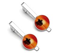 Silhouette of The Tanker Ship on Red Sunrise Tie Clip Set Personalized Tie Clips for Men Business Fashion Designs,Tie Bar for Wedding Anniversary Business