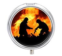 Silhouette of Two Firemen Fighting a Huge Fire of Burning Timber Iron Pill Box Case Organizer with Internal Separate Plastic Dividers, Travel Small Medicine Bag Holder Carrier Round Container