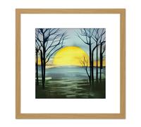 Silhouette Trees At Sunset Sunrise Winter Forest Green Watercolour Painting Square Wooden Framed Wall Art Print Picture 8X8 Inch Artery8 Light Oak One Size