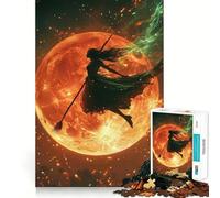 Silhouette Witch Flying Before A Fiery Moon Jigsaw Puzzle for Teenagers 1000 Pieces Mental Logic Toy Stress Release Firm Cut Santa Wish Gift 38x52cm