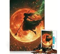 Silhouette Witch Flying Before A Fiery Moon Jigsaw Puzzles for Adults 1000 Pieces Strengthen Recall Soothing Fun Quality Edge Lovely Present 38x26cm
