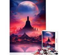 Silhouetted Temple Under Giant Moon Puzzles for Adults 1000 Puzzles Great Gifts for Games Precision Cutting DIY Toys for And from 14 Years And over (38x52cm)