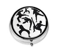 Silhouettes of Martial Arts Print Print Pill Box, Round Pill Organizer, 3 Compartment Small Pill Case for Purse & Pocket, Portable Medicine Box, Travel Pill Case