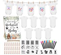 Silicherry 64 Pieces Baby Shower Games, Body Design, Games Include 1 Game Wooden Sign, 12 Newborn Bodysuits, 10 Fabric Markers, 24 Clothespins, 16 Stencils, 1 Rope for Baby Shower,