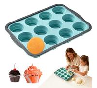 Silicon Muffin Tray 12 Cups,Silicone Deep Large Muffin Trays with Metal Frame,Cake Silicone Moulds,Pudding Tray Semicircle,Non Stick Baking Trays for Baking for Cupcakes,BPA Free,Blue,31x22x3.6cm