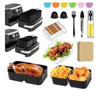 Silicone Air Fryer Liner for Ninja Air Fryer AF500UK/AF500UKCP, 18 Pcs Set Upgraded Reusable Air Fryer Liners, Including Air Fryer Rack&Mini Cake Mold&Oil Spray Bottle&Oil Brush,Tong (Black)