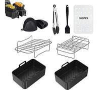 Silicone Air Fryer Liner Set, 9 Accessories for Ninja Dual AF300UK AF400UK, Includes Liners, Racks, Oil Brush, Food Tong, Gloves, Paper Lining Compatible with Oven, Microwave