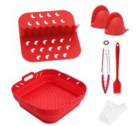 Silicone Air Fryer Liner with Divider, 6PCS Set Reusable Air Fryer Accessories with Silicone Mitts Tongs and Brush for Dual Air Fryers Microwave Oven
