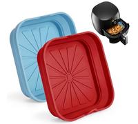 Silicone Air Fryer Liners 2 Pack, Reusable Square Airfryer Trays with Handles, Foldable Non-Stick Basket Inserts, Dishwasher Safe Oven Microwave Accessories, Dark Red and Sky Blue