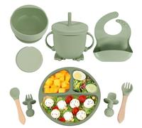 Silicone Baby Feeding Set, Baby Led Weaning Supplies with Suction Bowl Divided Plate, Self Feeding Spoons Forks Sippy Cup Adjustable Bib, Eating Utensils for 6+ Months (Green)
