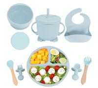 Silicone Baby Feeding Set, Baby Led Weaning Supplies with Suction Bowl Divided Plate, Self Feeding Spoons Forks Sippy Cup Adjustable Bib, Eating Utensils for 6+ Months (Grey Blue)