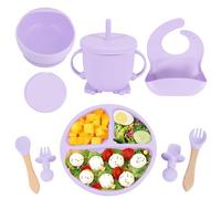 Silicone Baby Feeding Set, Baby Led Weaning Supplies with Suction Bowl Divided Plate, Self Feeding Spoons Forks Sippy Cup Adjustable Bib, Eating Utensils for 6+ Months (Grey Purple)