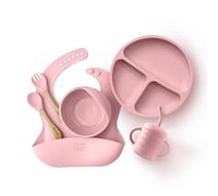 Silicone Baby Feeding Set - Suction Bowl & 3-Compartment Plate, Straw Cup, Bib with Food Catcher & Bamboo-Handle Spoon & Fork - BPA-Free Silicone Baby Mealtime Set (Pink Berry)